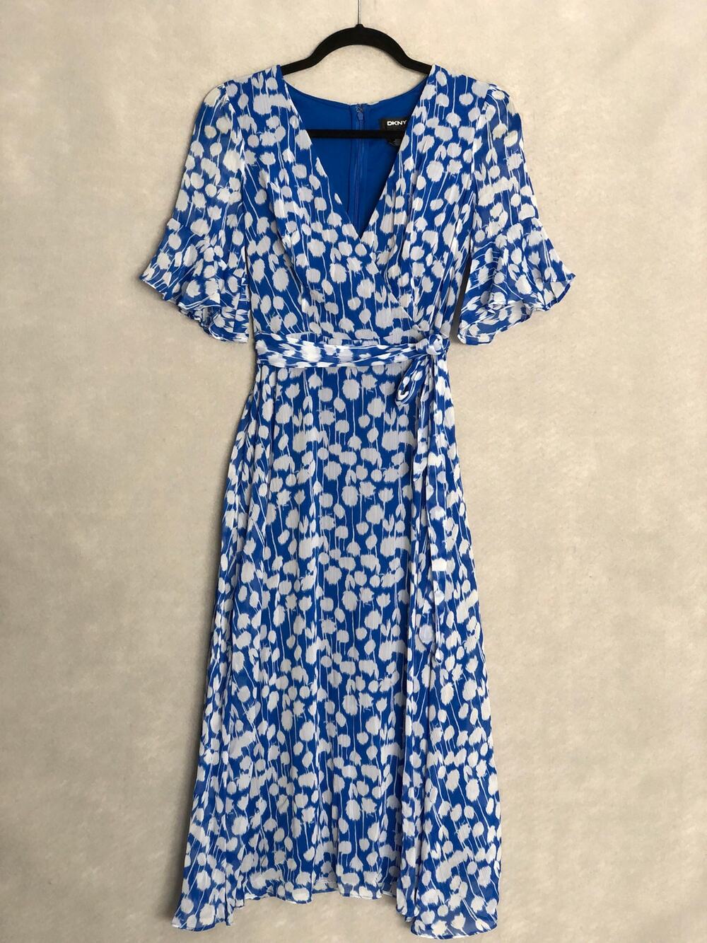 DKNY Short Sleeve Ruffle Dress Fit & Flare Midi Chiffon Blue Women's Size 2